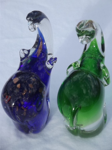 Art glass elephants paperweights set, swirls of colored bubbles in crystal