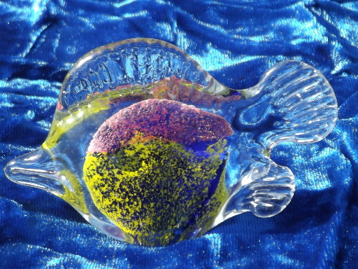 Art glass fish paperweights set, swirls of colored bubbles in crystal