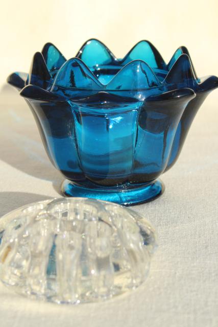 artichoke shape flower bowl & frog insert, mod vintage Viking glass bluenique aqua blue