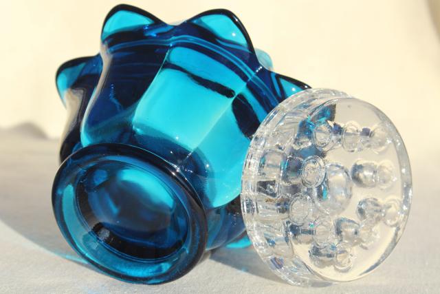 artichoke shape flower bowl & frog insert, mod vintage Viking glass bluenique aqua blue