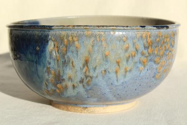 artist signed studio pottery bowl, hand thrown clay w/ sand and sea colored glaze