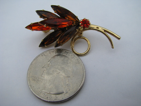 Autumn leaves vintage rhinestone earrings & pin, orange/amber