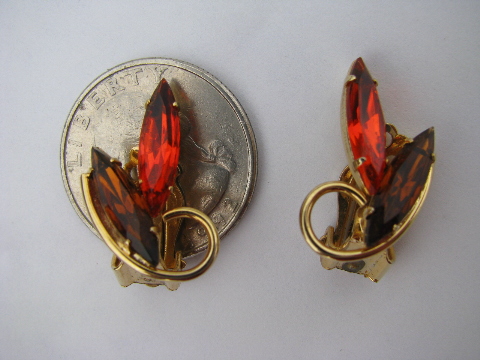 Autumn leaves vintage rhinestone earrings & pin, orange/amber