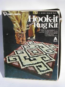 Aztec mod design 70s vintage latch hook rug kit, pre-cut yarn & canvas