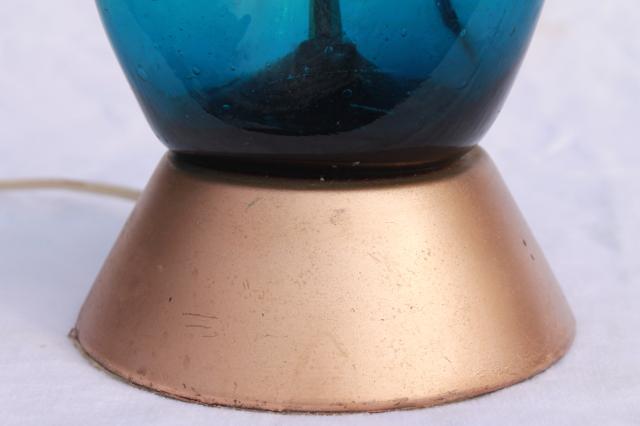azure aqua blue glass table lamp, retro 60s vintage art glass pinch shape tall bottle