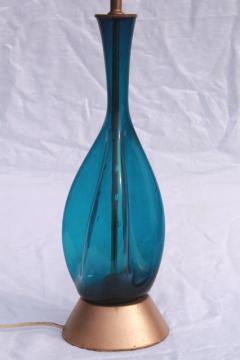 azure aqua blue glass table lamp, retro 60s vintage art glass pinch shape tall bottle