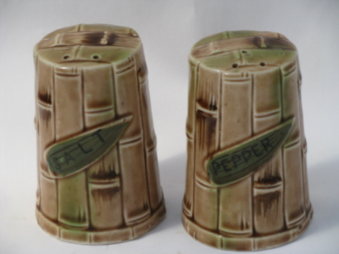 Bamboo pattern vintage ceramic salt & pepper shakers, Enesco S&P