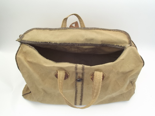 Beat up 60s vintage army green cotton bag, satchel / small duffle bag