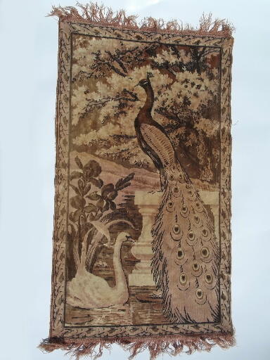Beautiful faded vintage  cotton plush velvet tapestry, peacock prayer rug