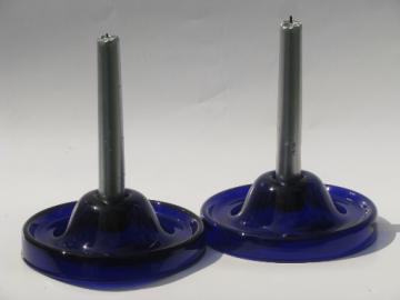 Big mod low candlesticks, retro vintage cobalt blue candle holders pair