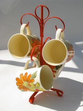 Big orange & yellow daisies, retro vintage ceramic coffee cups & metal stand