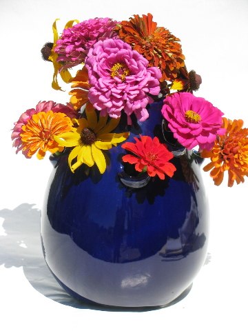 Big pottery flower frog vase, retro mod bulb shape, cobalt blue color