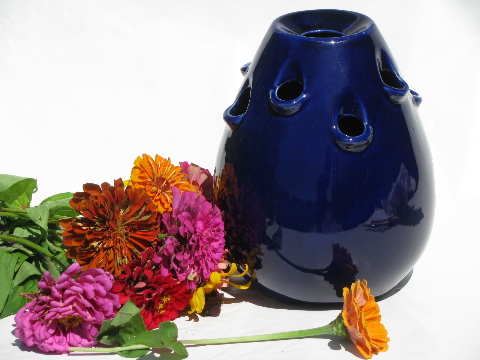 Big pottery flower frog vase, retro mod bulb shape, cobalt blue color