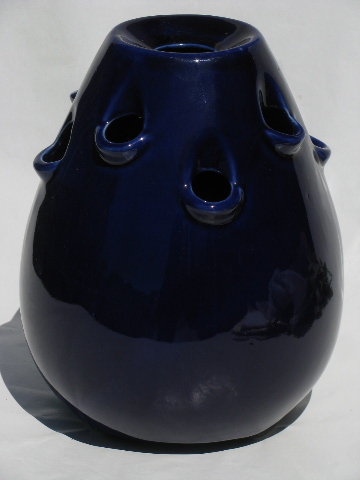 Big pottery flower frog vase, retro mod bulb shape, cobalt blue color