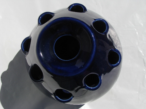 Big pottery flower frog vase, retro mod bulb shape, cobalt blue color