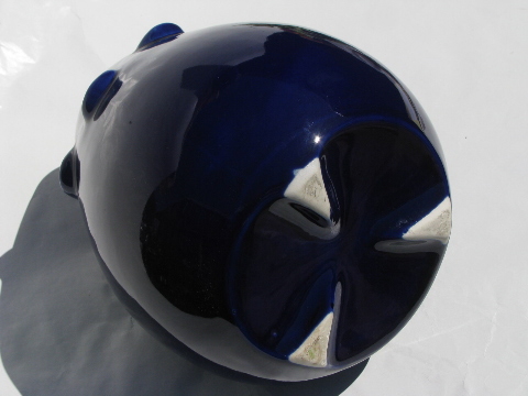 Big pottery flower frog vase, retro mod bulb shape, cobalt blue color