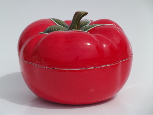 Big red tomato, retro vintage ceramic covered dish serving bowl