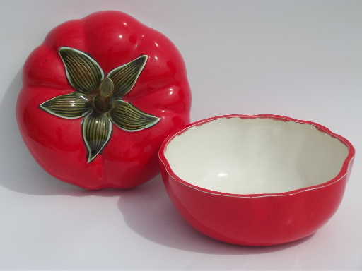 Big red tomato, retro vintage ceramic covered dish serving bowl