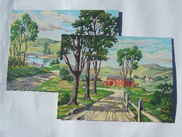 Big retro paint-by-number paintings, country road w/ farm barn pictures