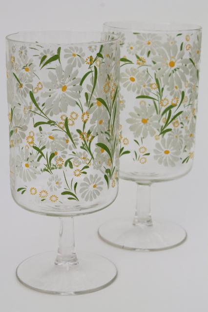 big retro wine glasses, vintage Culver glass summer daisies glassware set