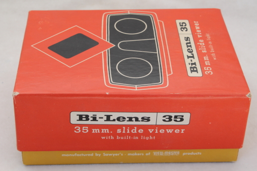 Bi-Lens 35mm slide viewer with built in light, Sawyer's binocular style slide viewer in box