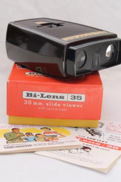 Bi-Lens 35mm slide viewer with built in light, Sawyer's binocular style slide viewer in box