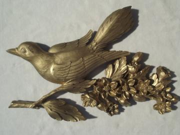 Bird in a branch gold wall art plaque, 60s vintage Dart plastic robin
