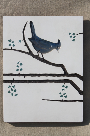 Birds on a branch vintage yard long wall art, set of chalkware panels w/ mod design