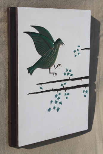 Birds on a branch vintage yard long wall art, set of chalkware panels w/ mod design
