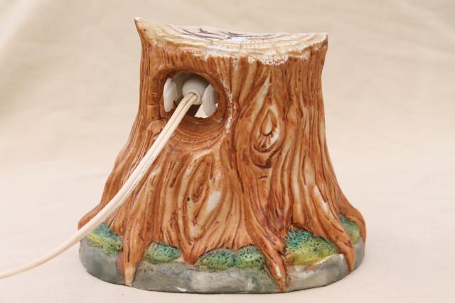 bisque china night light lamp, mother & baby deer in a tree stump grotto