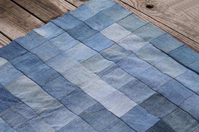 blue denim jeans patchwork quilt top, upcycled fabric hippie western vintage bed cover