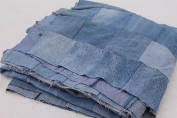blue denim jeans patchwork quilt top, upcycled fabric hippie western vintage bed cover