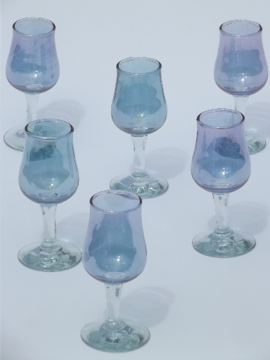 Blue luster stained glass sherry glasses, tiny vintage wine goblets