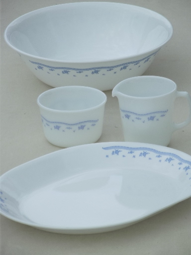 Blue Morning Corelle glass dishes set for 8, bowls, plates, mugs etc.