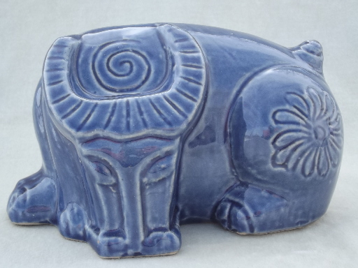 Blue water buffalo cow ceramic figure, hand made in Vietnam folk art