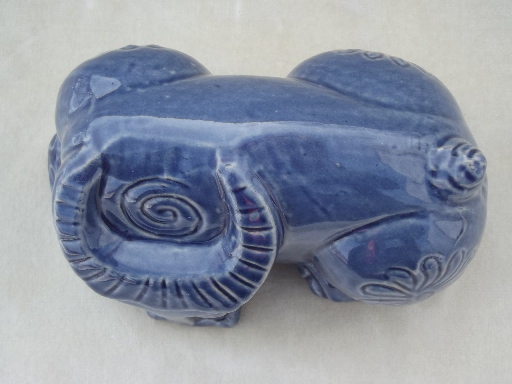 Blue water buffalo cow ceramic figure, hand made in Vietnam folk art