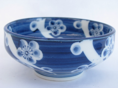 Blue & white porcelain, vintage china rice or noodle bowls, oriental plum / cherry blossom