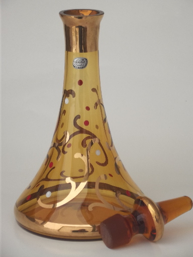 Bohemia glass wine decanter bottle, vintage Czech hand painted enameled glass