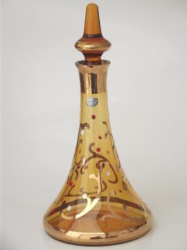 Bohemia glass wine decanter bottle, vintage Czech hand painted enameled glass