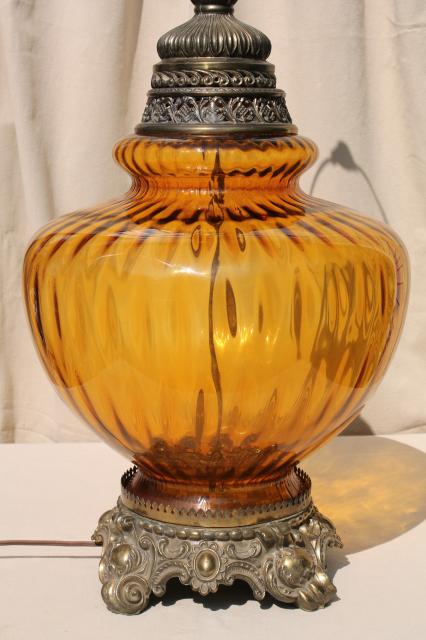 bohemian vintage table / floor lamp w/ huge amber glass globe, 1960s retro 