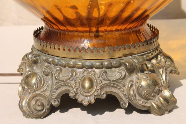 bohemian vintage table / floor lamp w/ huge amber glass globe, 1960s retro 