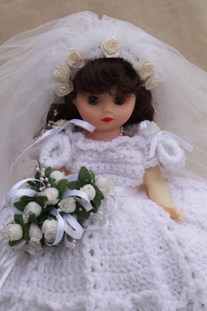bride in white full skirt & veil, crocheted bed doll boudoir pillow w/ plastic girl doll