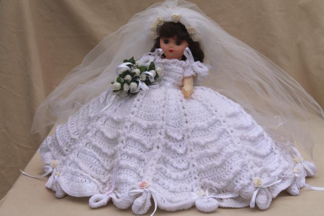 bride in white full skirt & veil, crocheted bed doll boudoir pillow w/ plastic girl doll
