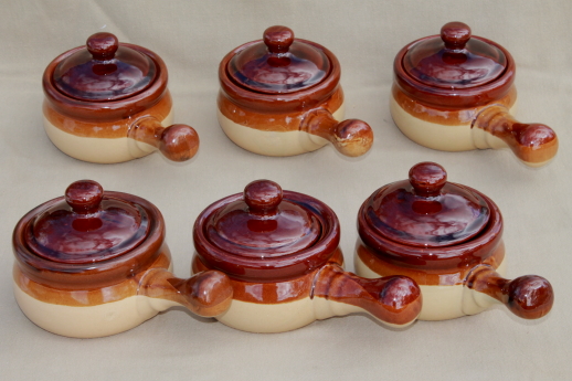 Brown band oven stoneware onion soup bowls or individual casseroles set