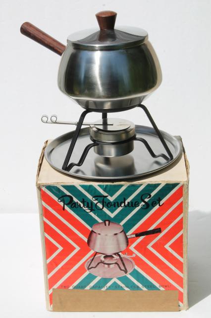 brushed stainless steel fondue pot, mid-century mod vintage set in original box