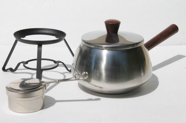 brushed stainless steel fondue pot, mid-century mod vintage set in original box