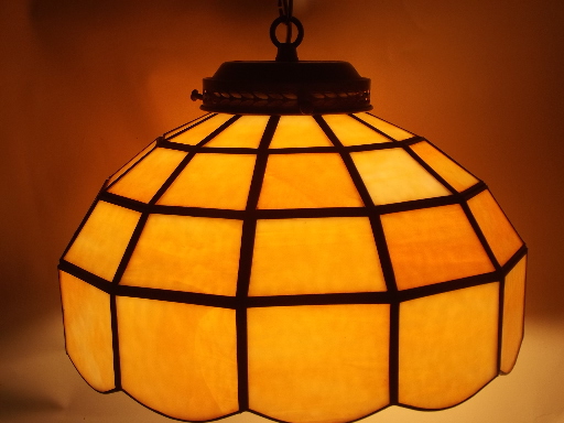 Carmel custard slag glass swag lamp, vintage leaded glass shade pendant light