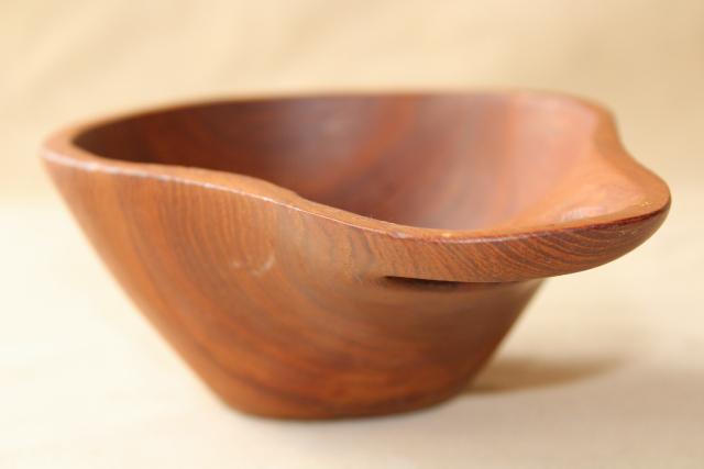 carved teak wood scoop or handled bowl, retro 60s vintage danish modern style dish