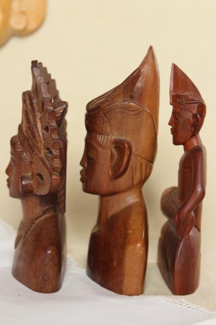carved wood figures, bust & masks from Indonesia, Bali Janger dancer in headdress etc.