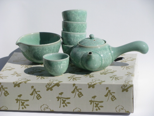 Celedon green tea ceremony set, pot and cups in traditional Korean pottery
